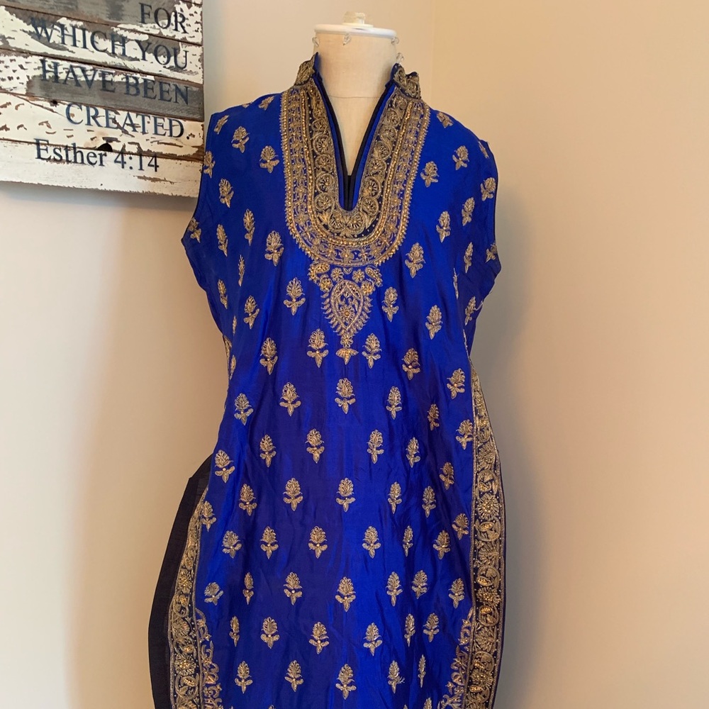 Royal blue embroidered silk tunic.
